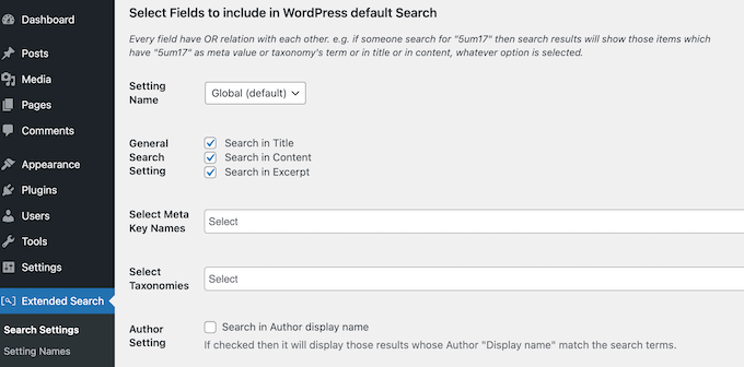 The WP Extended Search settings