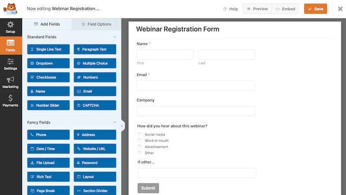 Adding a webinar registration form to a website or blog using WPForms