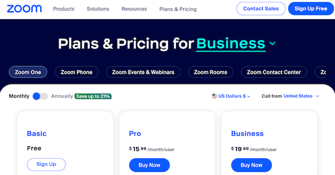 The zoom video conferencing pricing page
