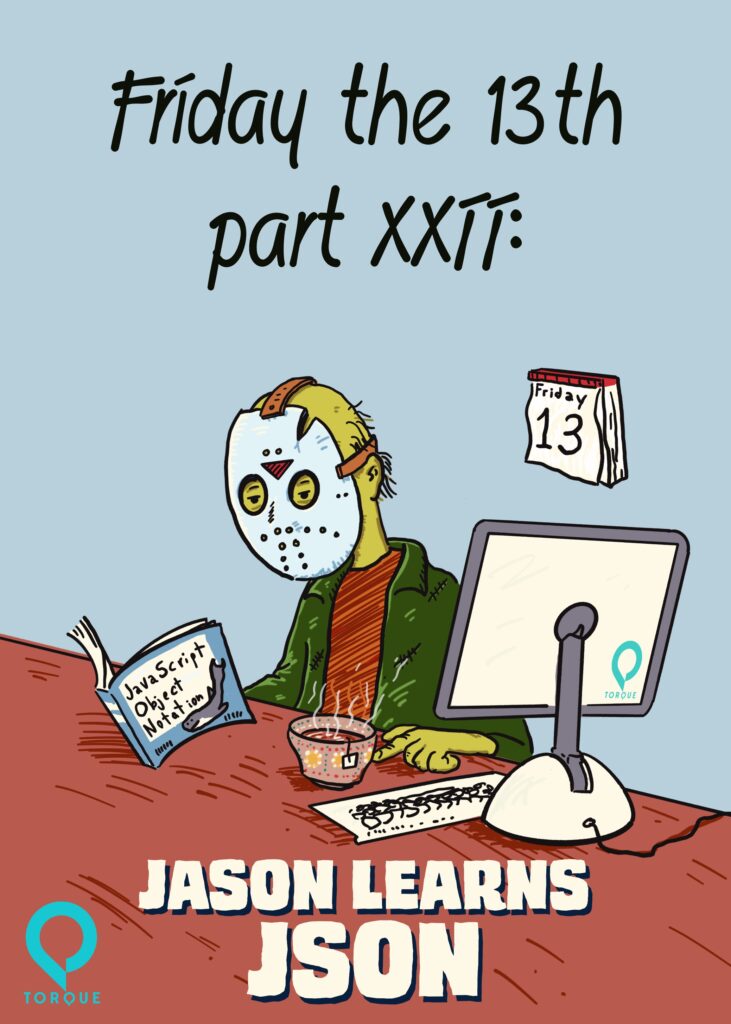 A cartoon showing Jason, from Friday The 13th, reading a book about JavaScript. The caption says 