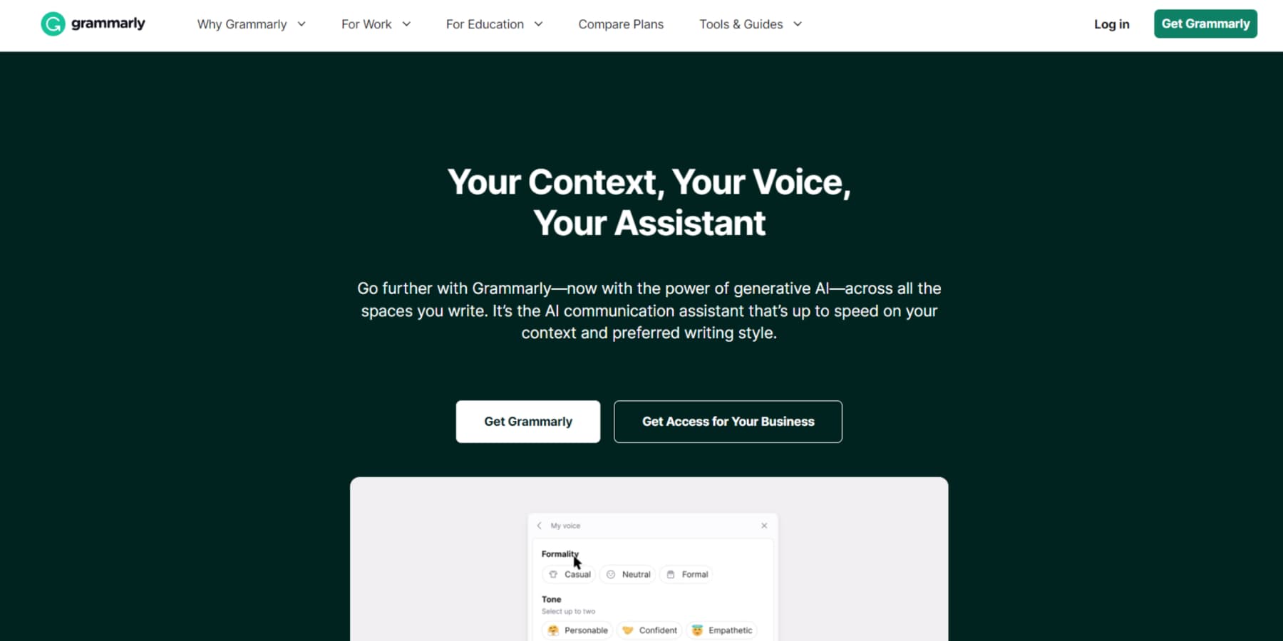 A screenshot of Grammarly AI's Homepage