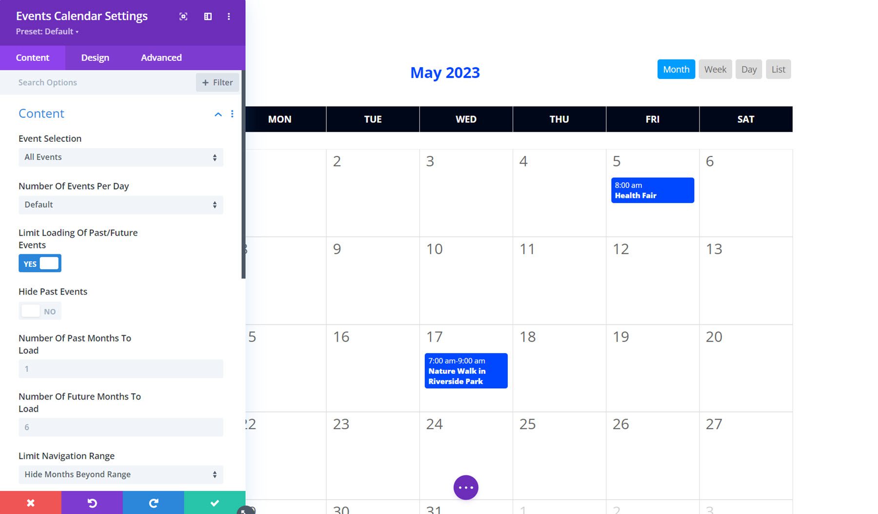 Divi Events Calendar Content