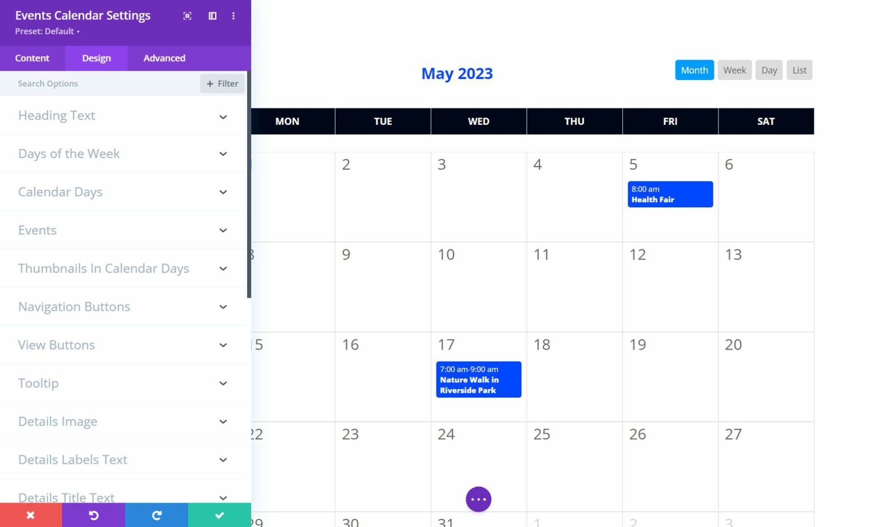 Divi Events Calendar Design Settings