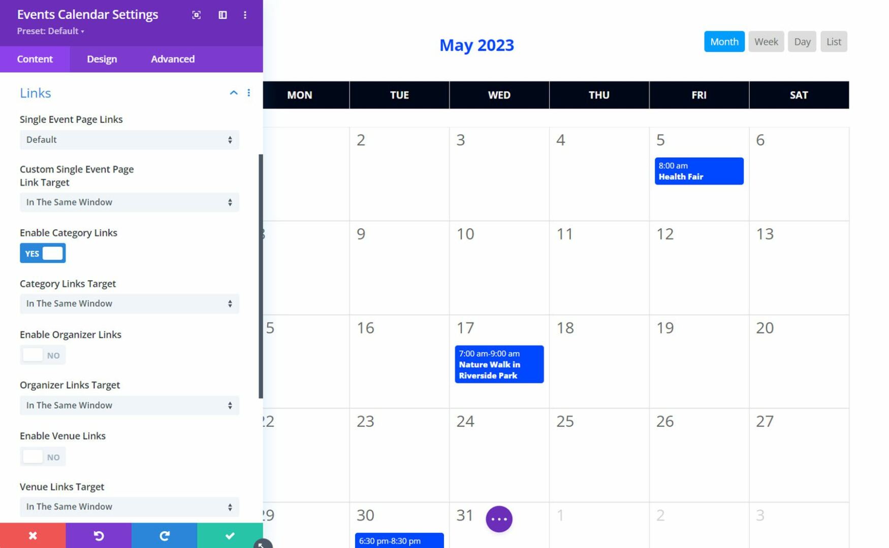 Divi Events Calendar Calendar Links