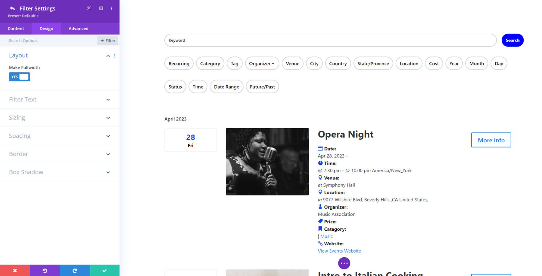 Divi Events Calendar Filter Layout