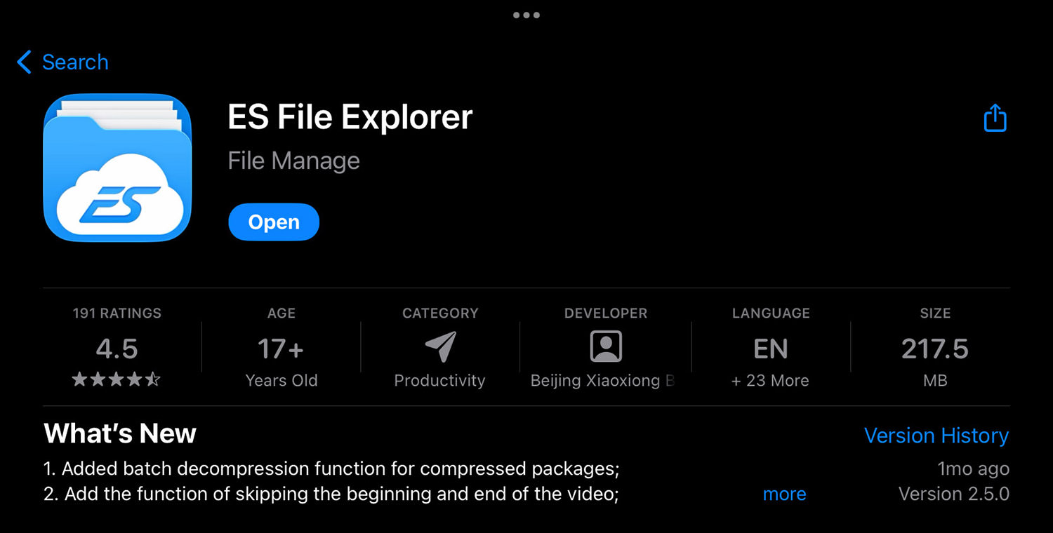 ES File Explorer app on iPad