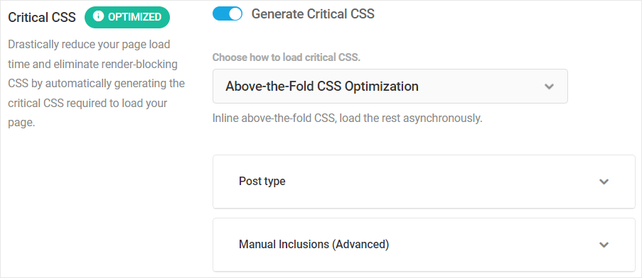 Critical CSS - Above The Fold Method option selected.