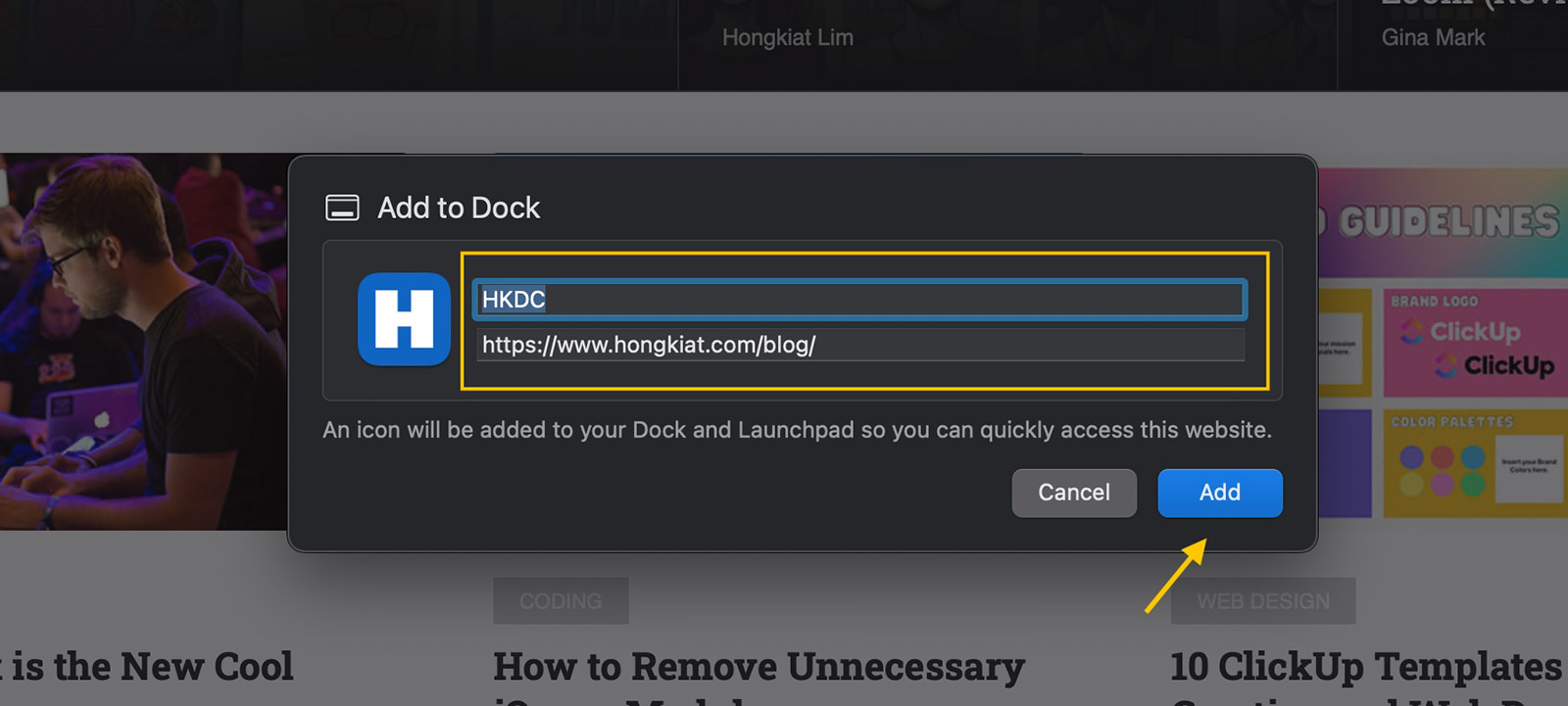 Add to Dock popup window