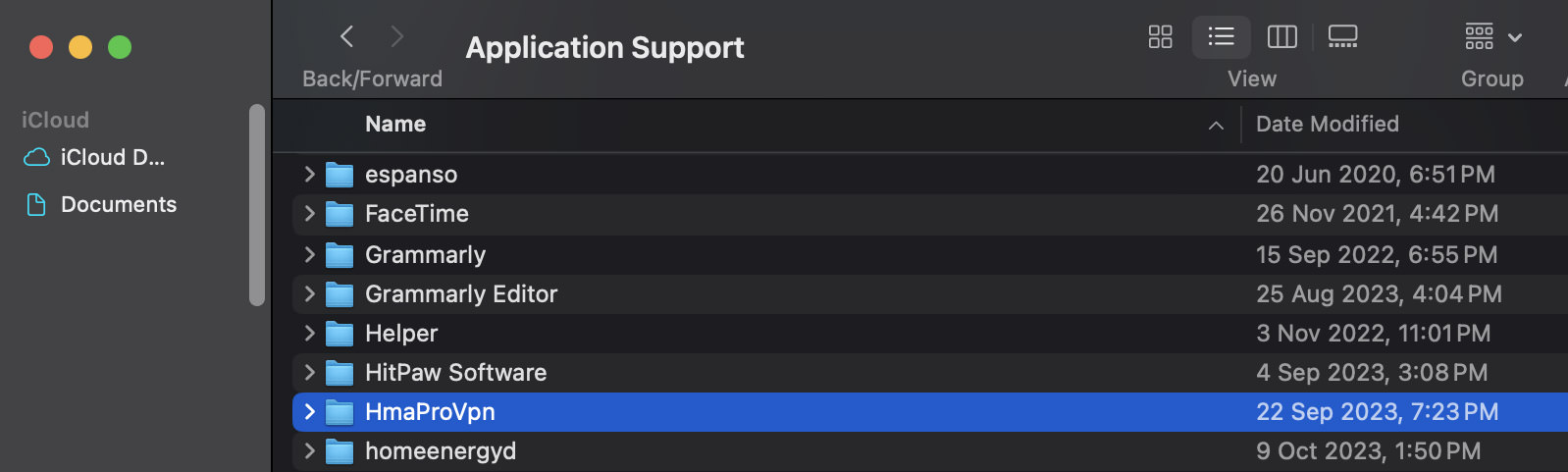 Finder window showing HmaProVpn folder in Application Support directory