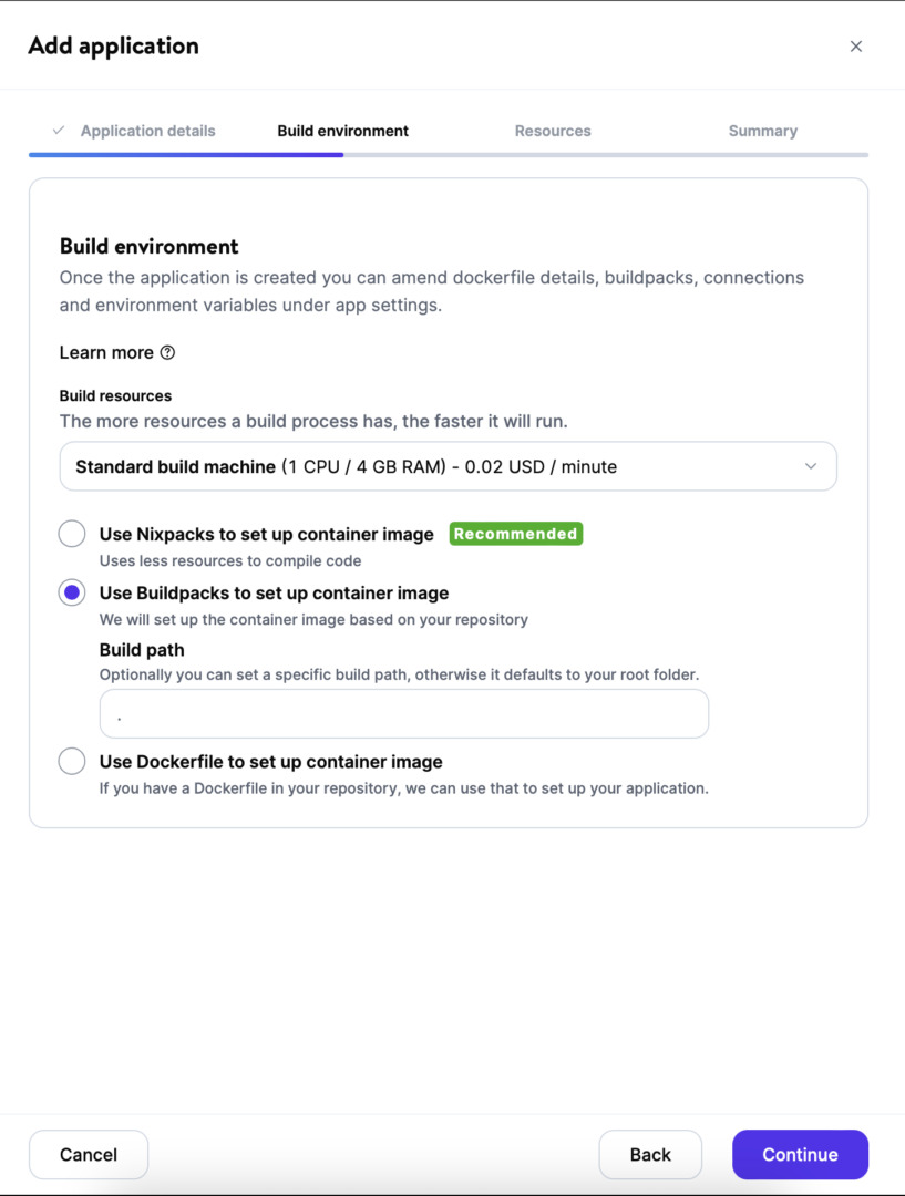 Build environment in MyKinsta