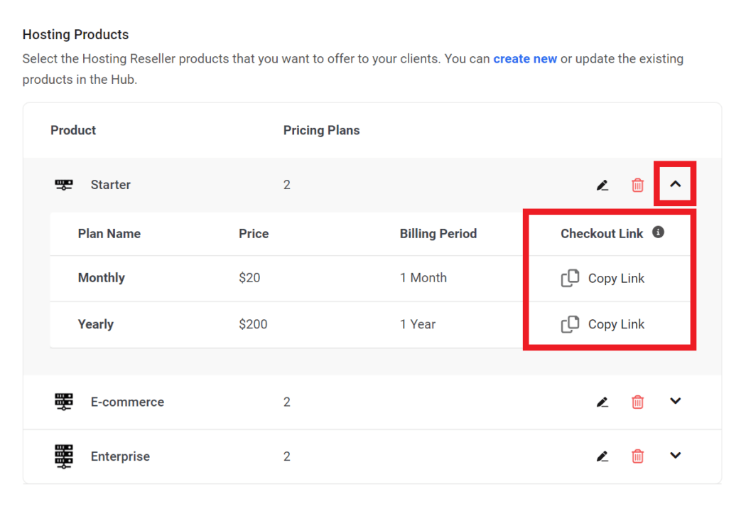 A screen showing the option for selecting a checkout link which can be easily added to your existing setup.