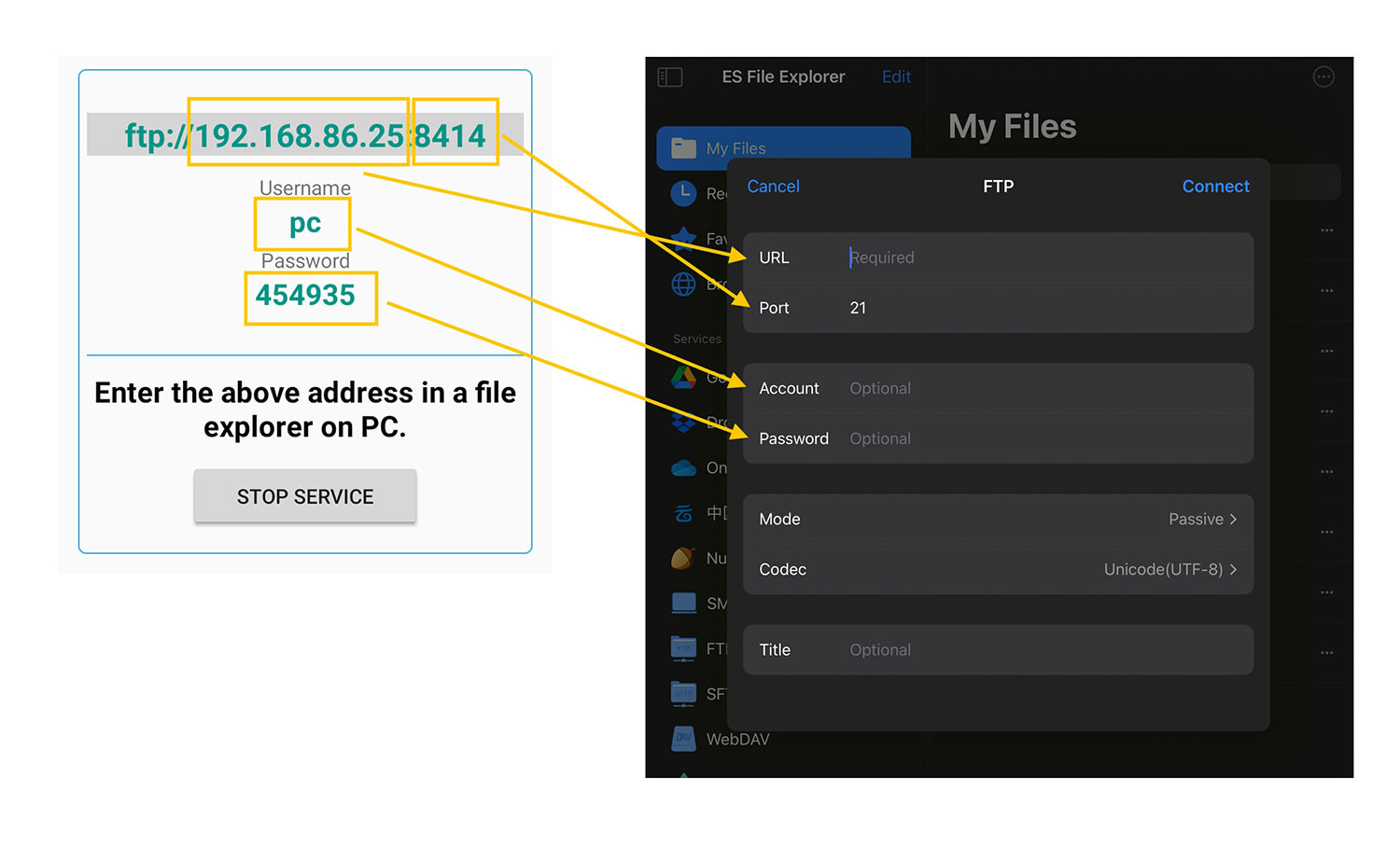 Example of connection information input on iPad