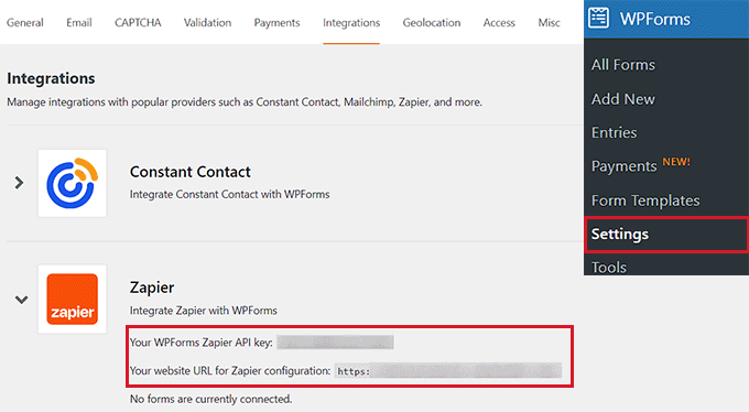 Copy the Zapier API key