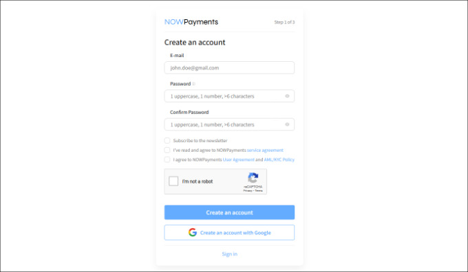 Create a nowpayments account