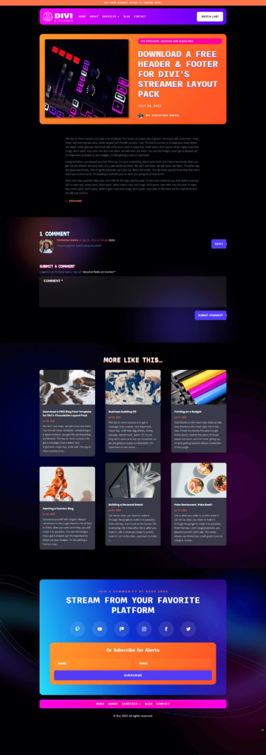 Divi Streamer Blog Post Template Desktop View