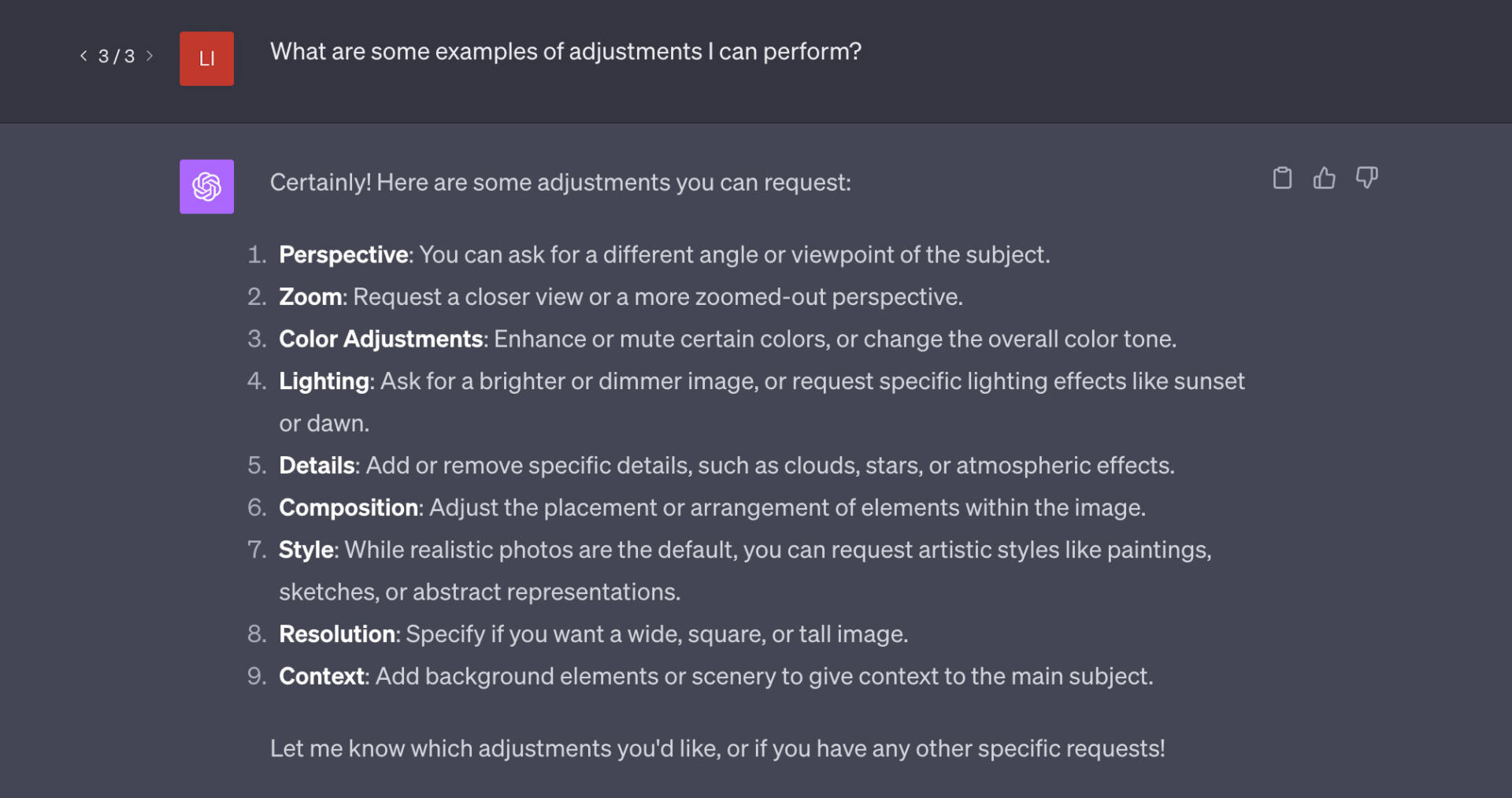 List of possible image adjustments