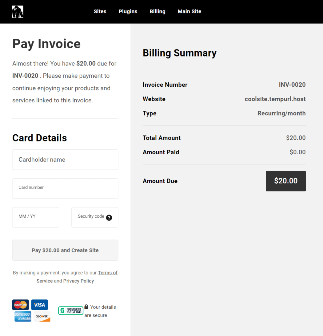 A screen showing what the final checkout will look like for a client