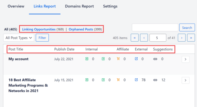 Links reports in All in One SEO