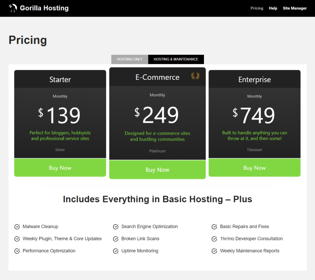 An example of a live pricing table set up as a result of using our Reseller hosting