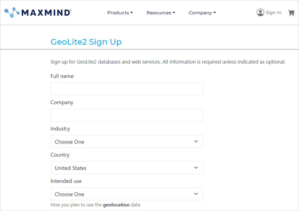 Maxmind Geolite Signup Form