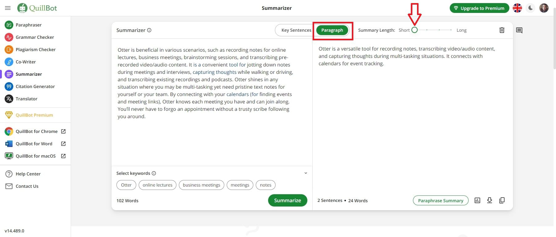 quillbot ai paragraph short summary length