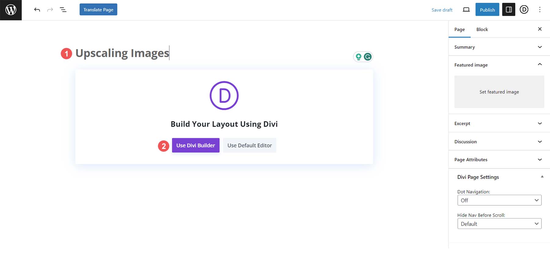 Setting up a new page to upscale images with Divi AI