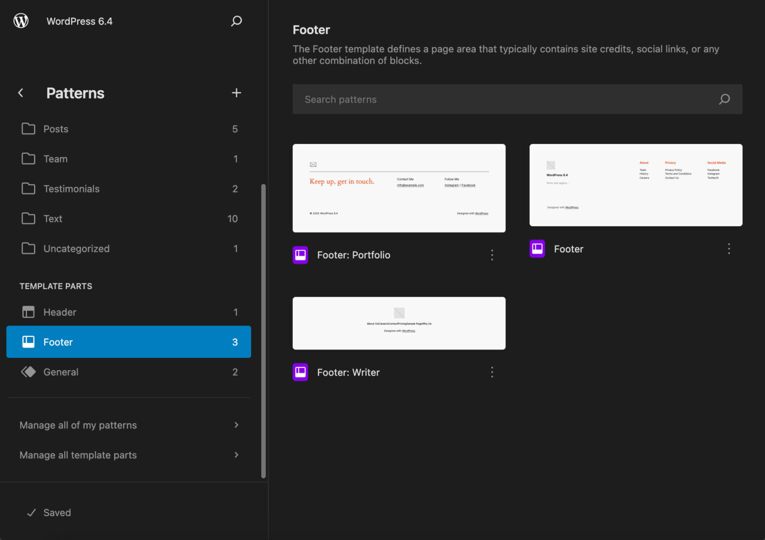 Twenty Twenty-Four's patterns and template parts in the Site Editor