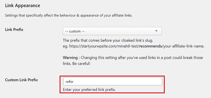 Type custom link prefix