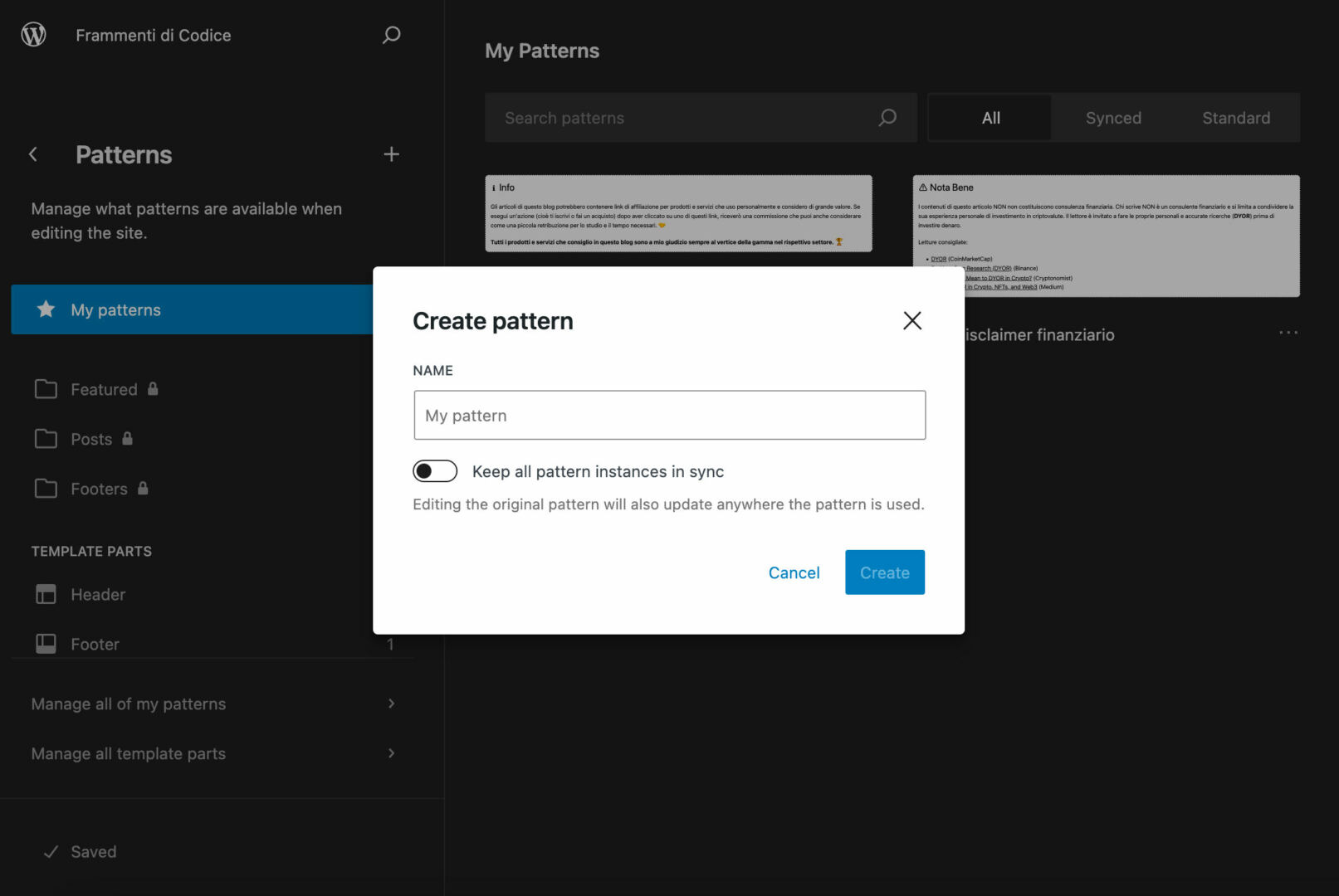 Create pattern in WordPress 6.3