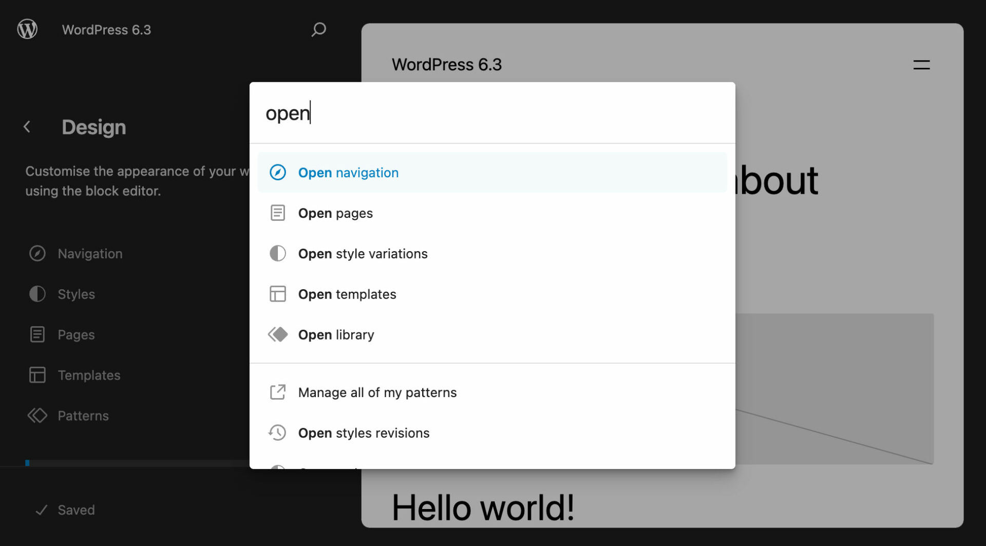 Searching for open in WordPress 6.3