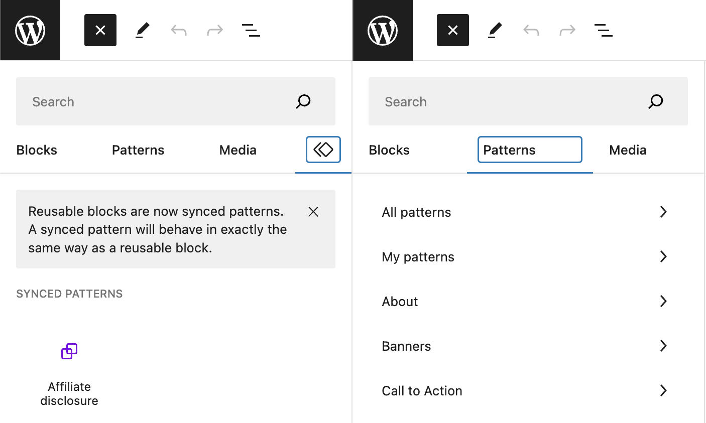 Block inserter tabs in WordPress 6.3 vs. WordPress 6.4