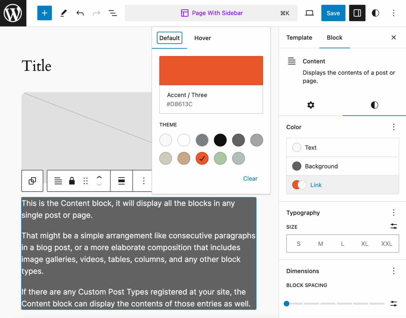 Color settings for the Content block