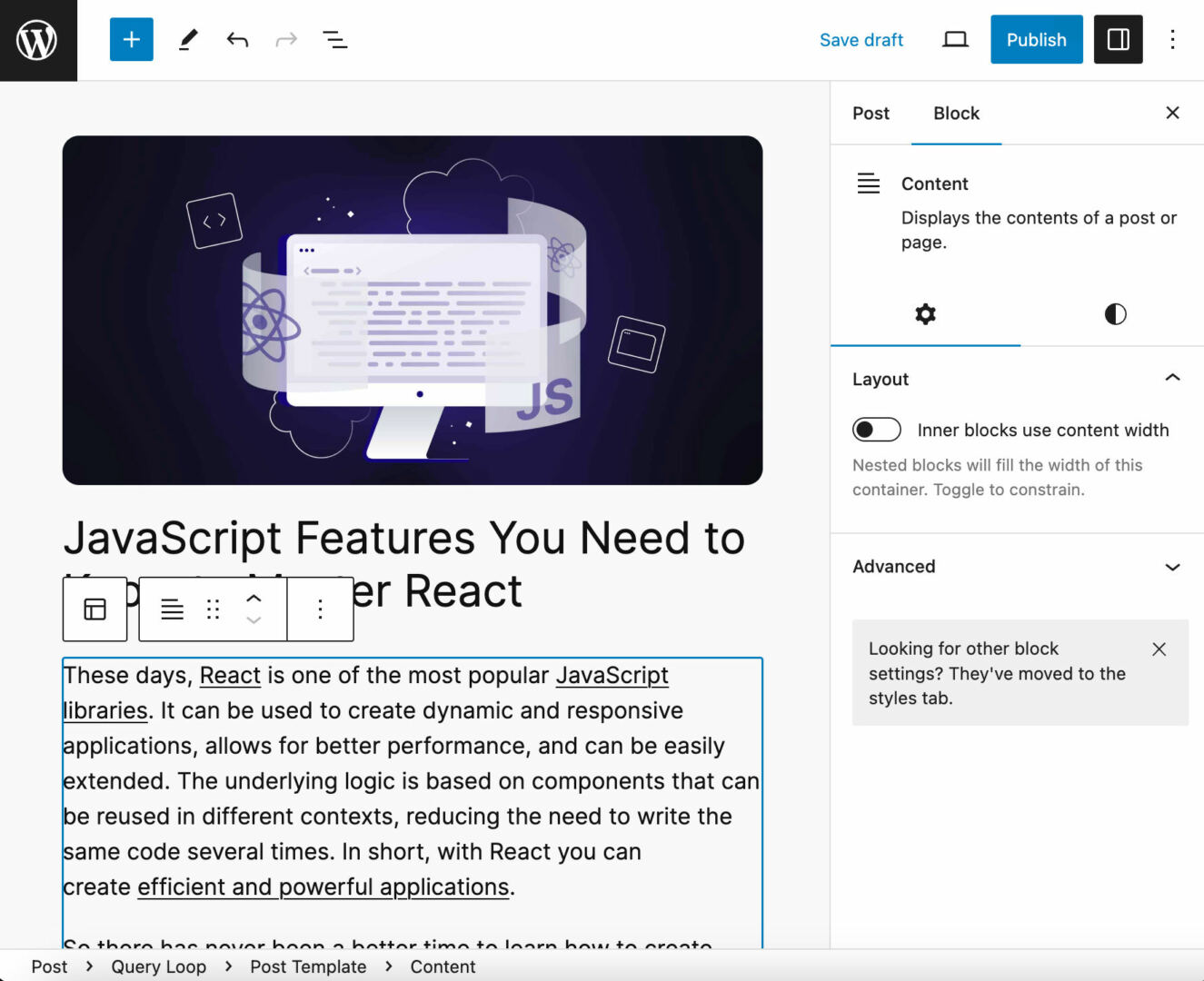 The Content block is available in the Query Loop block