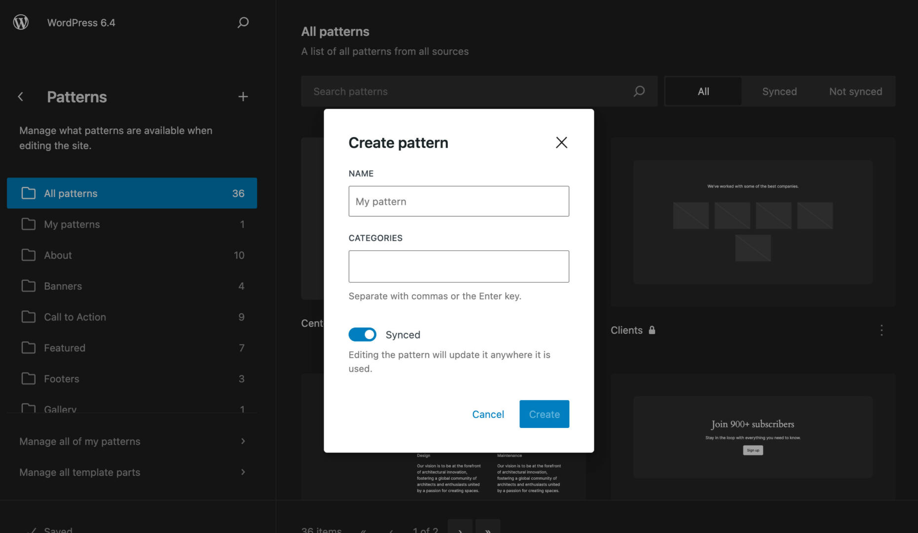 Create pattern in WordPress 6.4
