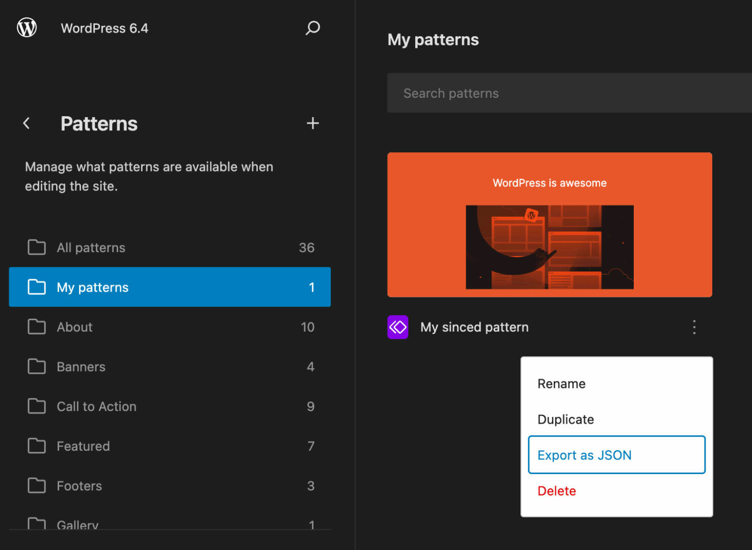 Export pattern as JSON from the site editor