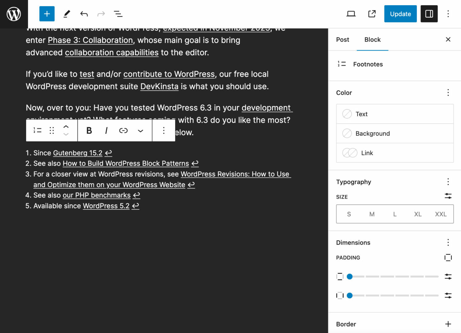 Color, Typography, Dimensions, and Border settings for the Footnotes block