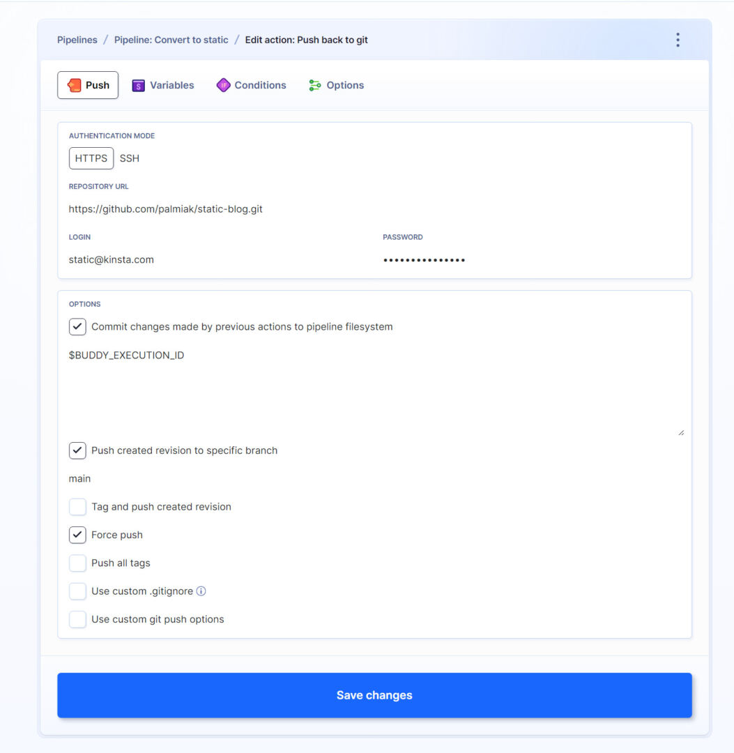 Buddy's UI showing the Push action's setup