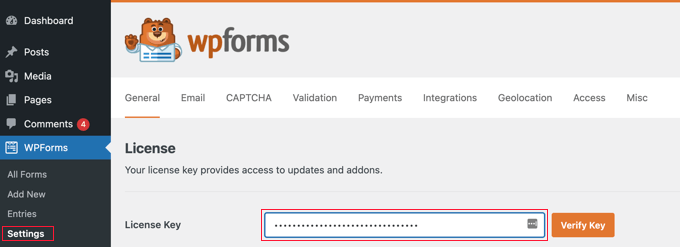 Entering the WPForms license key