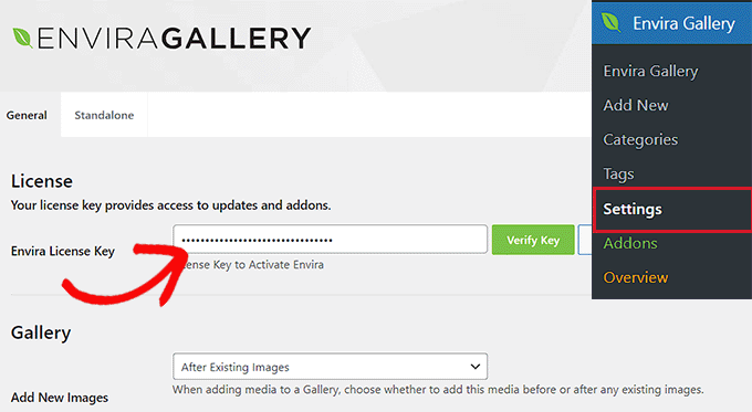 Add the Envira Gallery license key