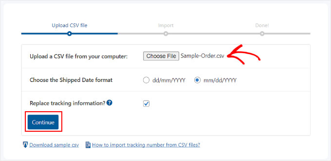 Choosing a CSV file to import with the Advanced Shipment Tracking plugin