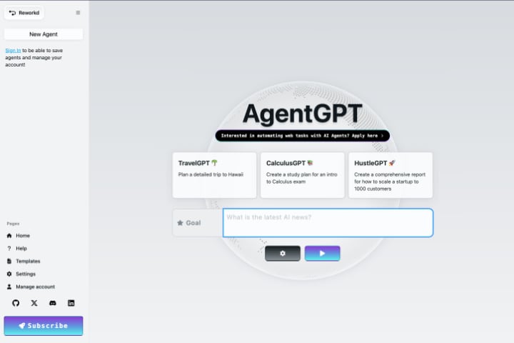 AgentGPT AI creation interface