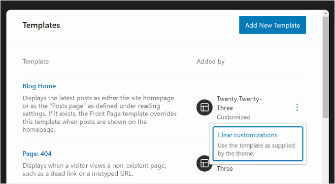 Clearing customizations for a template in WordPress Full Site Editor