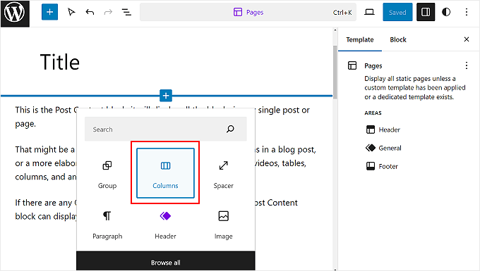 Selecting the Columns block on WordPress editor