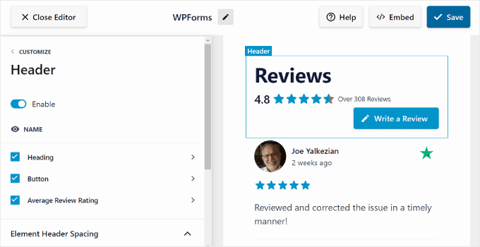 The Reviews Feed Pro Header settings