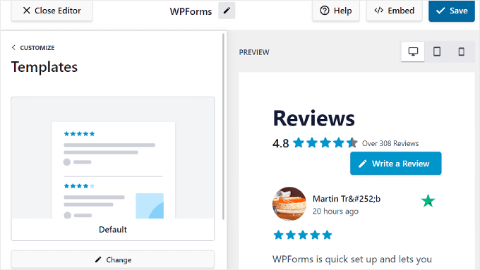 Changing templates for the review feed in Reviews Feed Pro