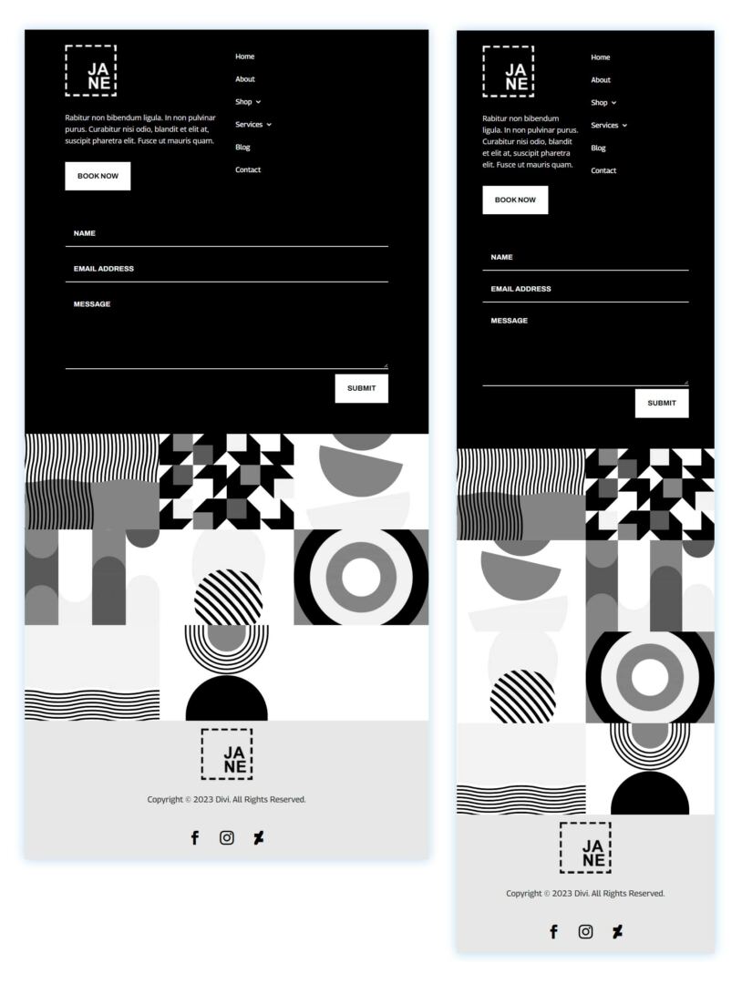 Divi Portfolio Footer Template tablet and mobile view