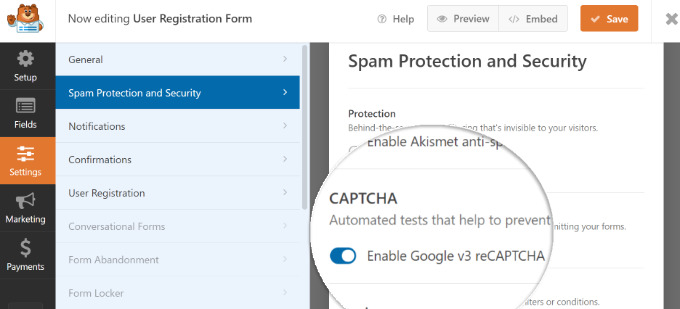 Enable google v3 option in WPForms