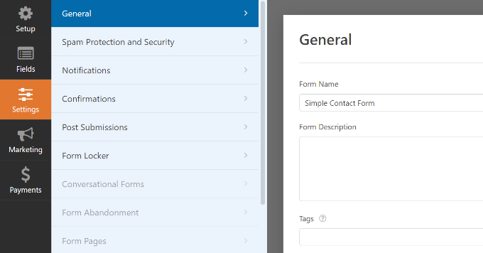 General form settings for AMP form