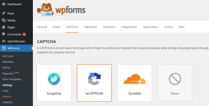 Go to WPForms captcha settings