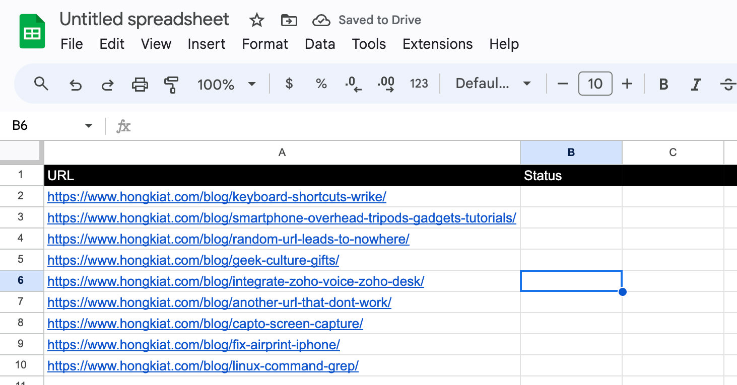 Example of Google Sheet with URL and Status Columns